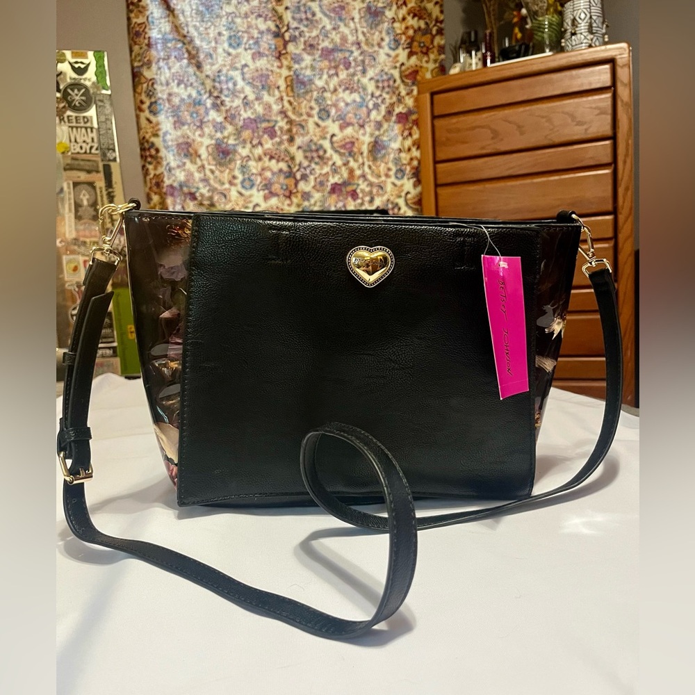 Betsey Johnson Black Crossbody Bag with Heart Accent
